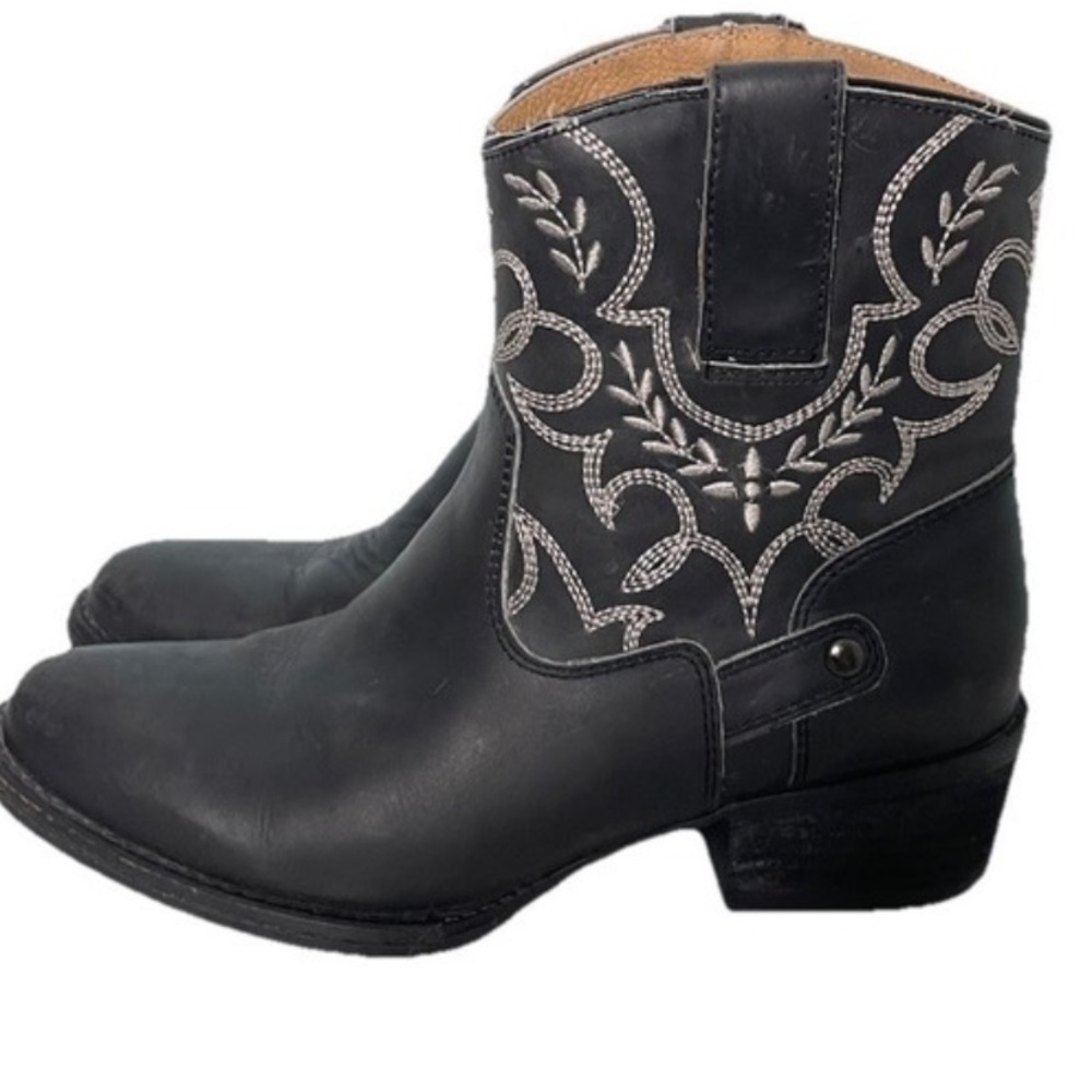 Sterling River Black Genuine Leather Western Ankle Boots with White Embroidery 8 - Picture 2 of 6